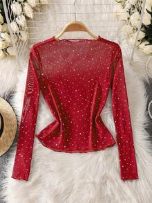 GlowEve 透明亮片网纱长袖女式上衣 - 紅色 - 查看 2