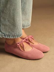 Rosivie 女士休闲百搭系带平底鞋 - 粉色 - 查看 2