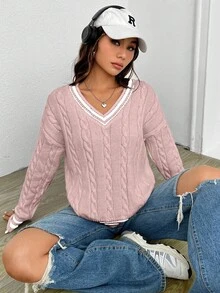 Contrast Color V-Neck Dropped Shoulder Long Sleeve Twist Knit Sweater - Baby Pink - View 3