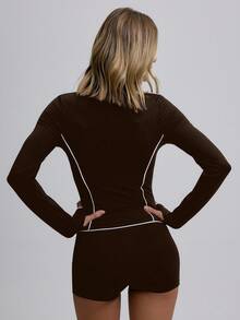 Musera Sport 运动撞色滚边拉链运动外套，适合运动健身、休闲场合穿着。 - 巧克力棕 - 查看 3