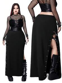 Whyspr Plus Size Women's Solid Color Grommet Buckle High Slit Sexy Punk Style Party Skirt