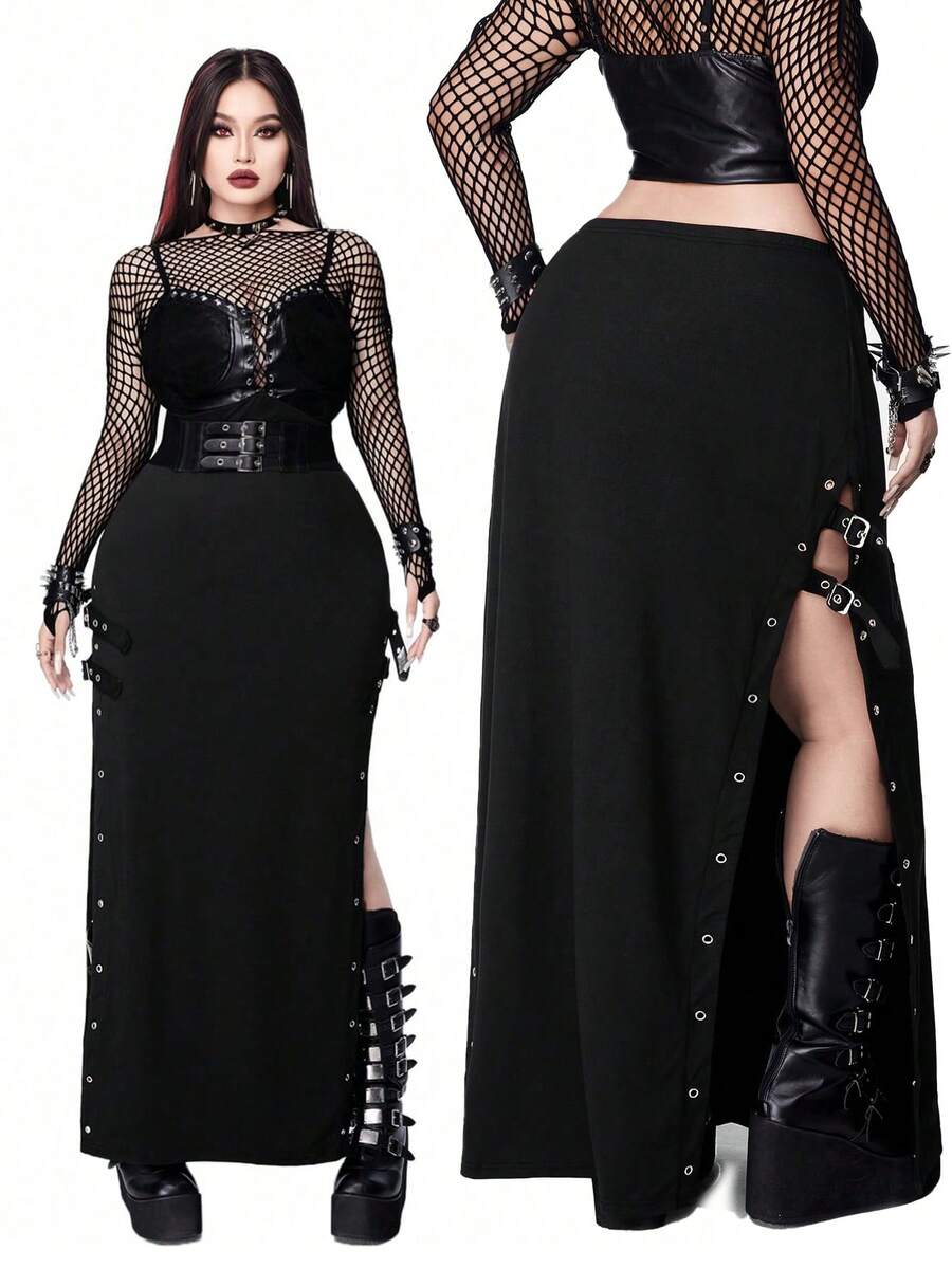 Whyspr Plus Size Women's Solid Color Grommet Buckle High Slit Sexy Punk Style Party Skirt