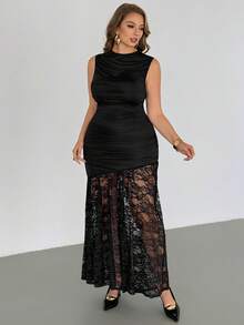 Auralis Plus-Size Spring/Summer Fashionable And Elegant Stretchy And Comfortable Party-Style Sleeveless Black Maxi Dress With Lace Hem,Bodycon,Summer Dresses,Wedding Guest Dress For Women - Black - View 4
