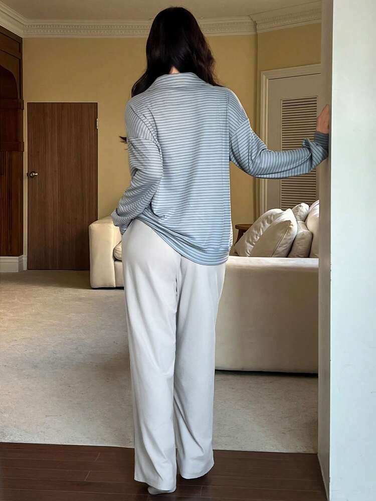 2pcs Women's Casual Striped Brushed Fabric Top And Solid Color Pants Pajama Set