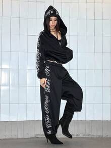 ROMWE Avant 街头风字母刺绣宽松低腰女式运动裤 - 黑色 - 查看 1