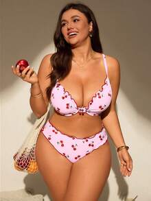 Swim Mod 大码女式两件套随机印花带衬垫吊带泳衣套装粉色泳装女士泳衣夏季度假可爱比基尼 - 粉色 - 查看 3