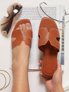 SHUZIA Women Shoes Minimalist Open Toe Thin Flat Bottom Everyday Basic Slip-On Slippers PU Tan Sliders - Brown - View 5