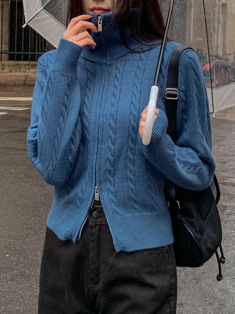 Women's Short Lapel Cable Knit Cardigan Sweater Jacket, Zipper Closure, Elegant