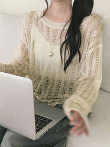 DAZY 宽松薄纱长袖毛衣，休闲超大款设计，女士度假春季邮轮毛衣 - 白色 - 查看 9