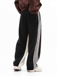 SUMWON Quần jogger ống rộng phối sọc bên hông, dáng thoải mái, thích hợp mặc ở nhà, có dây rút ở eo, phong cách thường ngày năng động, thoải mái để mặc hàng ngày. - màu đen - Xem 3