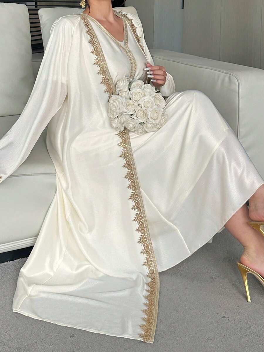 Dazy Plus Elegant Rhinestone Embroidered Decor Loose Maxi Dress With Long Sleeve Jacket, Plus Size Party Dress, Spring/Summer 2-Piece Set - White - View 1
