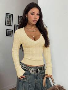 Coolane 女士冬季街头风复古学院风Y2K日常穿搭外出文艺复兴集市俱乐部奶油黄V领罗纹针织衫 - 鵝黃色 - 查看 4
