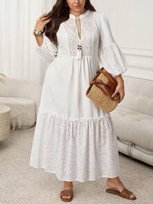 SHEIN LUNE 大码女式印花流苏系领灯笼袖优雅连衣裙 - 白色 - 查看 6