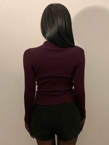 DAZY 女士圆领纯色罗纹休闲通勤长袖毛衣 - 酒紅色 - 查看 2