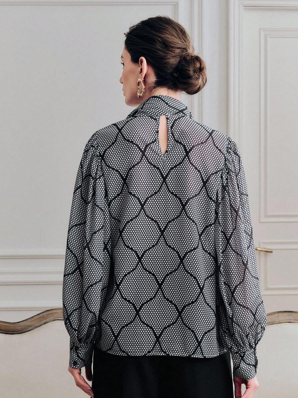 Anewsta Vintage Urban Chic Asymmetrical Geometric Polka Dot Print Long Sleeve Tie Bow Blouse For Women Lantern See Through Shirt Elegant Blouses Sheer