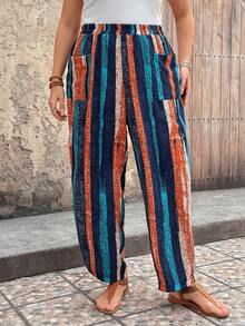 EMERY ROSE Plus Size Women Elastic Waist Striped Pocket Design Casual Tapered Pants - Navy Blue - View 5