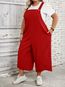 SHEIN CURVE+ Quần yếm nữ cỡ lớn màu đen với dây đeo có thể điều chỉnh, cài nút và túi ở ống quần xẻ tà, thích hợp cho mùa xuân. - Đỏ - Xem 6