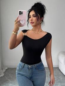 Elenzga Women's Elegant Commuter Black Sleeveless Bodysuit With Metal Hook Decor And Ruched Fitted Design, Spring/Summer - Black - View 7