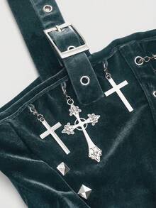 ROMWE Goth 硬核哥特风十字金属框架铆钉链女式天鹅绒吊带背心 - 藍色 - 查看 3