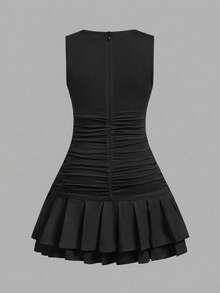 SHEIN Serisse Kids 少女休闲圆领无袖侧褶皱扎染吊带裙 - 黑色 - 查看 3