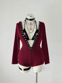 Sunspun Fashionable Punk Rivet Webbing Hooded Long Sleeve Mini Jumpsuit - Burgundy - View 3