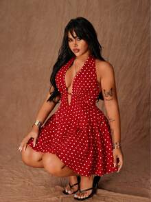 Rustia Gaun Mini A-Line Seksi Bermotif Polkadot Model Halter Tie untuk Wanita Ukuran Plus - Merah - View 7