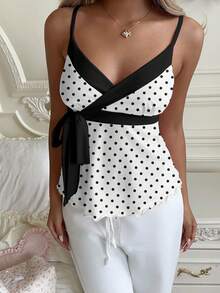 CovetEZ Women's Casual Elegant Bodycon Camisole, Women's Summer Clothing, Polka Dot Print, Bow Tie, Babydoll, Color Block,Spring Outfit Women,Summer ,Going Out Tops For Women,,Clean Girl - Multicolor - View 5