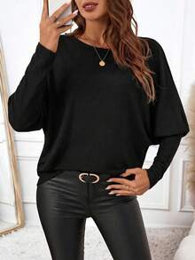 EMERY ROSE Áo thun nữ cổ tròn tay cánh dơi, kiểu dáng tối giản thường ngày, thích hợp cho mùa thu/đông, chất liệu cotton nguyên chất thoải mái và thoáng khí, màu đen, phong cách thường ngày. - màu đen - Xem 5