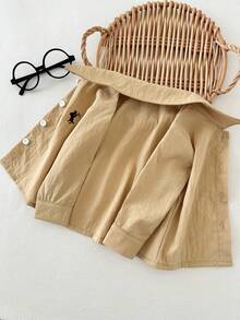 SHEIN Playful Pals 婴儿及幼儿男童经典街头风红白格子骑士刺绣长袖POLO衫，舒适透气，适合春秋季节、派对、日常穿着、上学及旅行。 - 卡其色 - 查看 5