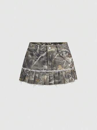 Grunge Punk Minifalda de mezclilla con estampado de hojas marchitas, cadena con ojetes metálicos y pliegues, estilo punk para mujer