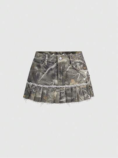 Grunge Punk Minifalda de mezclilla con estampado de hojas marchitas, cadena con ojetes metálicos y pliegues, estilo punk para mujer