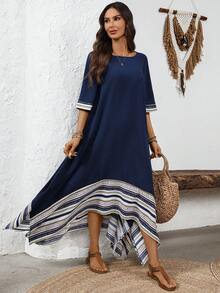 EMERY ROSE Damen gestreiftes Patchwork Rundhals Kurzarm Lässig Loose Kleid - marineblau - View 5