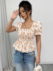 Elenzga Women's Floral Print Puff Sleeve Shirred Casual Blouse - Yellow - View 5