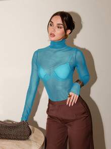 Bris Aura 女式透明网眼高领衬衫，简约百搭秋季商务休闲办公装 - 藍色 - 查看 5