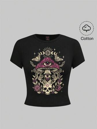 Goth T-shirt court décontracté à col rond, manches courtes, imprimé tête de mort champignon noir pour femmes