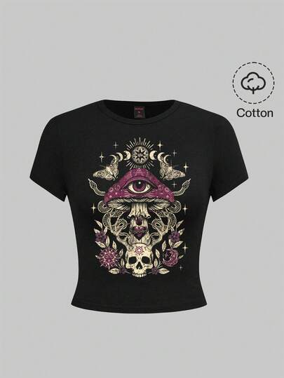 Goth T-shirt corta casual da donna a maniche corte con scollo rotondo e stampa di teschio e funghi nera