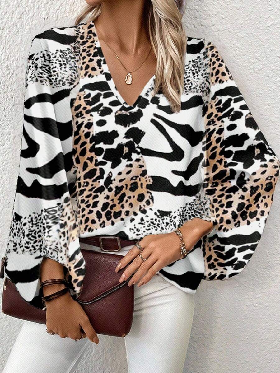 Reflora 大码女式优雅豹纹长袖衬衫，适合日常穿着 女士教师服装 女士办公室服装 女士教师服装 女士机场服装 冬季服装 大码女装 外出服装 秋季服装 长袖衬衫 女士衬衫 女士衬衫 教师衬衫 可爱衬衫 长袖衬衫 趣味衬衫 大码衬衫 女士衬衫 优雅 - 彩色 - 查看 1