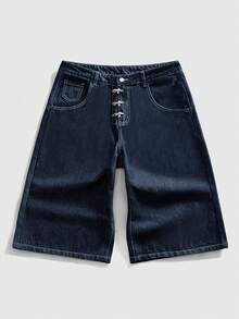 ROMWE MEN Grunge Punk 男士宽松飞机扣阔腿休闲牛仔短裤 - 藍色 - 查看 11