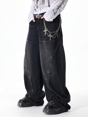 Street Life Men's Jeans With Decorative Chain And Curved Knife