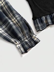 ROMWE Áo sơ mi dài tay kiểu dáng cổ điển Gothic phối họa tiết kẻ caro cho nữ, thích hợp cho mùa tựu trường. - Nhiều màu - Xem 4