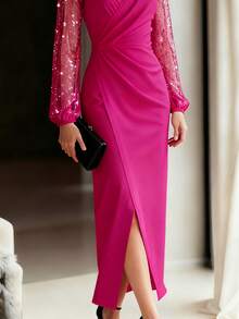 EMERY ROSE Vestido corto de mujer con cintura ajustada, empalmado con malla y lámina - Rosa Fucsia - Ver 3