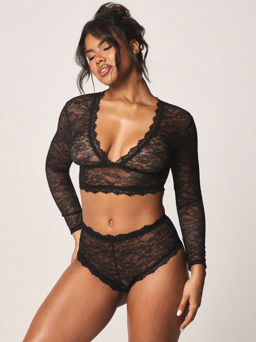 MISSGUIDED Conjunto de lencería íntima con sujetador de encaje y panty de talle alto de manga larga con acabado de puntilla - Negro - Ver 1