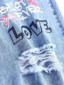 SHEIN Girlism Quần jeans ống rộng màu xanh nhạt dáng suông dành cho thiếu nữ, họa tiết graffiti hình trái tim, hoa, bướm và chữ cái. - Rửa nhẹ - Xem 4