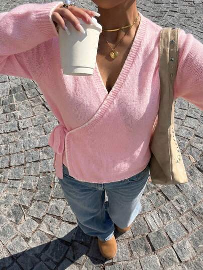 SHEIN EZwear Women's Spring/Summer New Contrast Color Trim Wrap Tie Long Sleeve Sweater, Pink Pink Sweater Pink Wrap Sweater