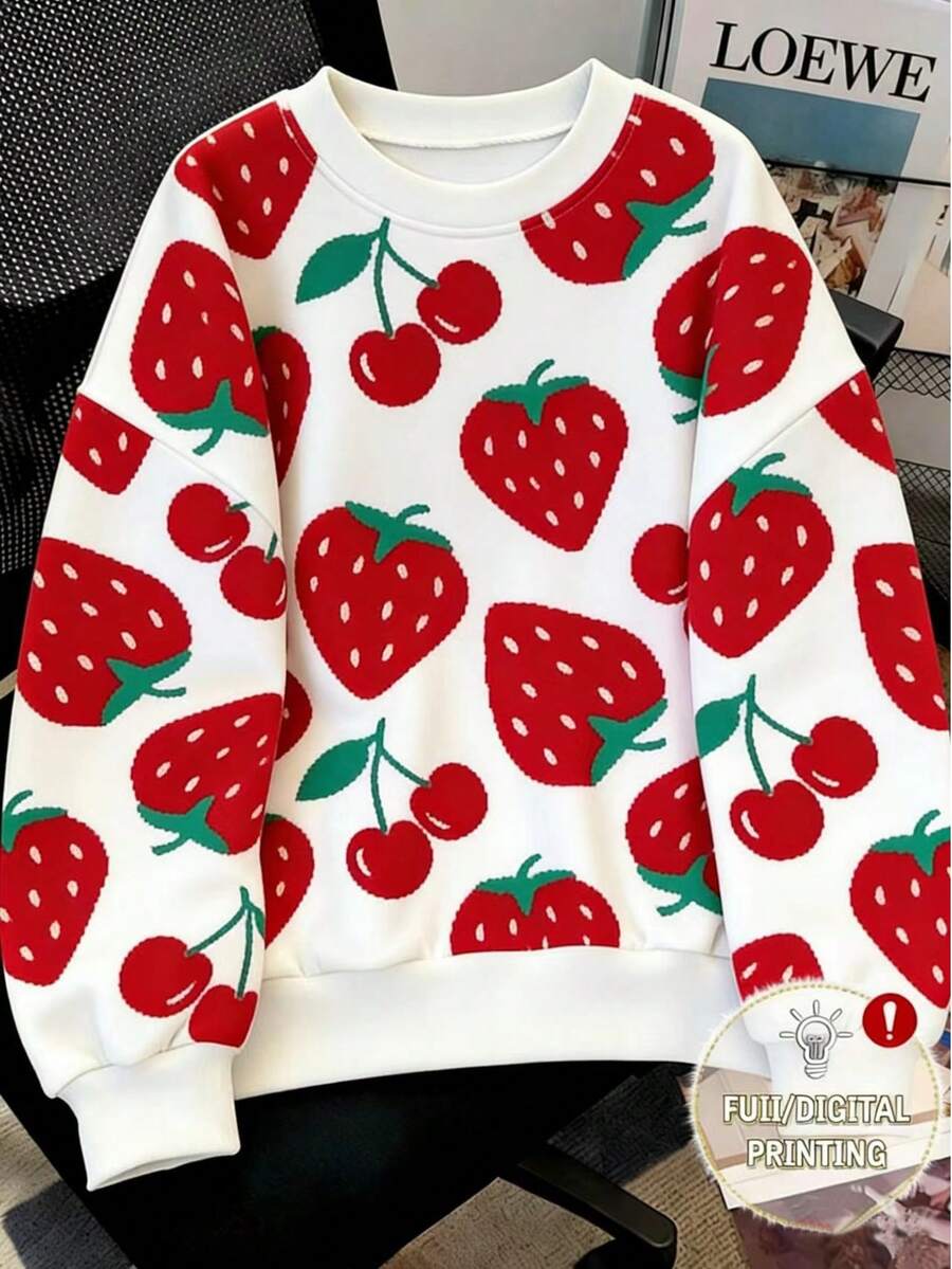 Resyla 女士草莓樱桃印花圆领长袖卫衣