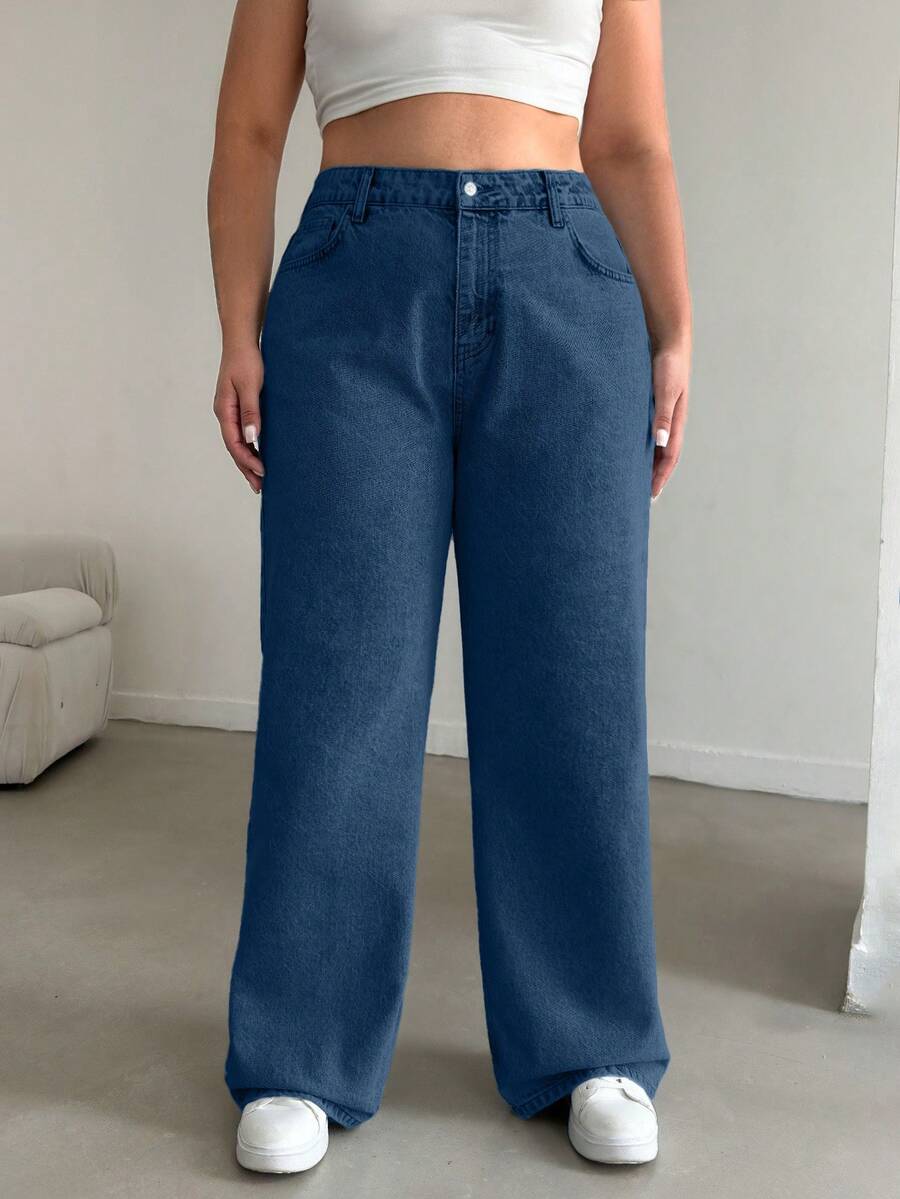 EURMUSE 100%Cotton HIGH RISE STRAIGHT CUT PLUS SZIE WOMEN JEAN - Dark Wash - View 1