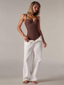 SHEIN BAE Bộ đồ định hình eo và bodysuit có xương cho nữ - Cà phê nâu - Xem 8