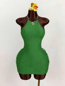 Amplova Vestido mini ajustado de tela texturizada con tirantes cruzados en la cintura - Verde - Ver 11