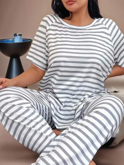 Lazeform Plus Size Striped Print Raglan Sleeve Casual Loungewear Pajama Set, Outfits