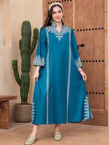 SHEIN Áo choàng dáng chữ A tay loe rộng, cổ đứng, in họa tiết retro, kiểu dáng nghỉ mát dành cho thiếu nữ. - Màu xanh lam - Xem 7